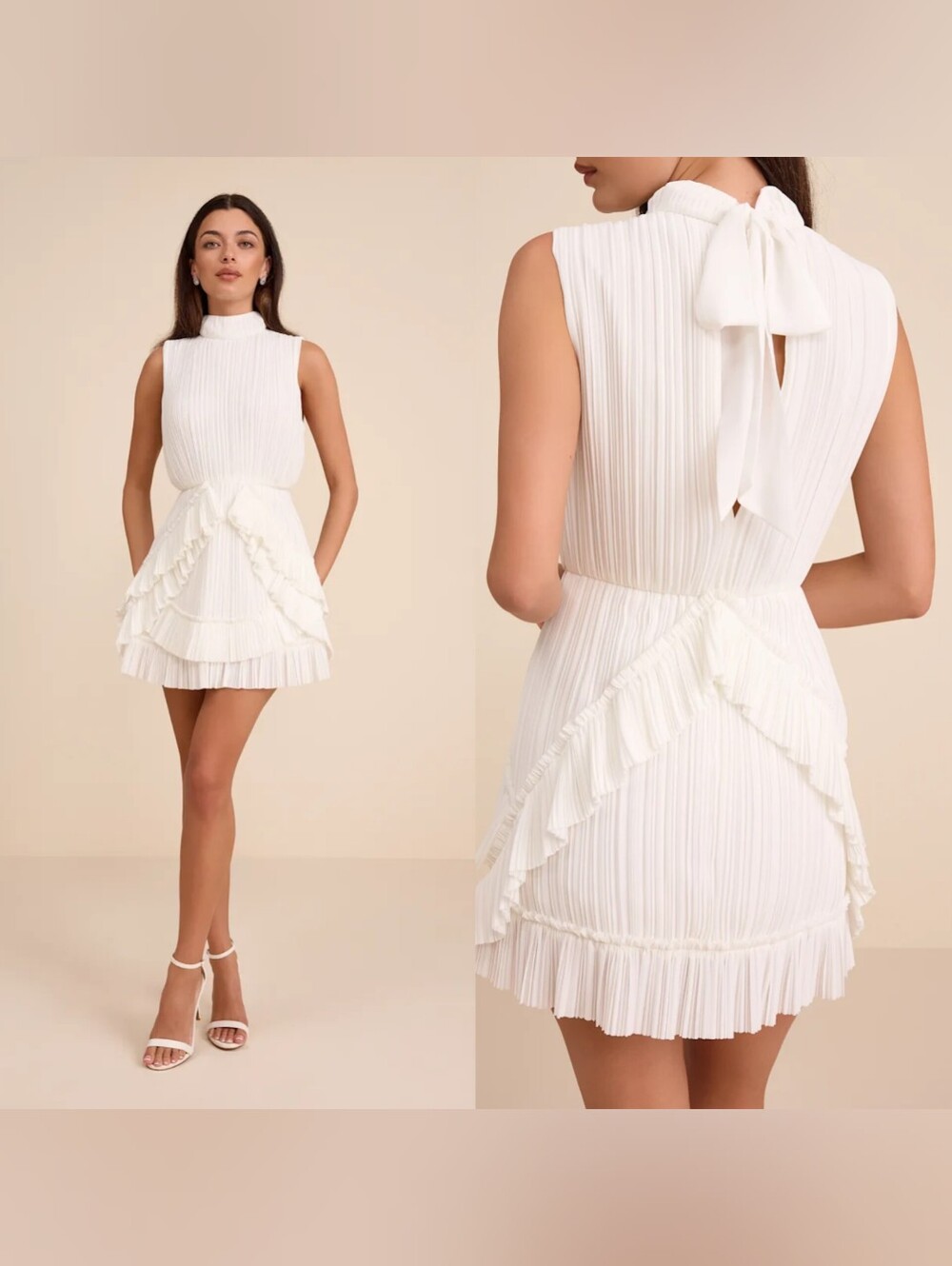 Lulus Alvana White Plisse Mock Neck Ruffled Mini Dress M Wedding Party Formal